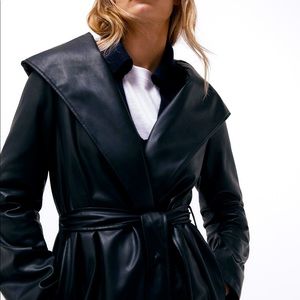 New Zara HOODED FAUX LEATHER COAT Black S Jacket
